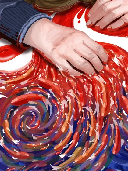A close-up detail of the previous image, focusing on the hand and the transformation of blood into a swirling vortex of life. This emphasizes the act of creation and hope emerging directly from the wound.