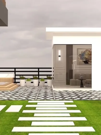 A proposed design for a Gurgaon terrace, combining a checkered patio, a green lawn, and a modern glass-fronted room.