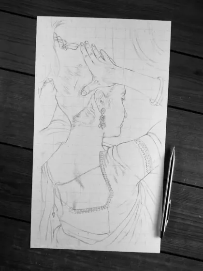 The initial outline for the Priyanka Mohan portrait, showing the composition and grid lines.