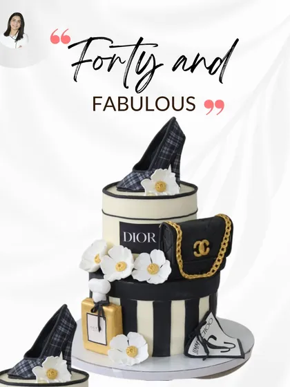 For the fashion-forward individual, this "Forty and Fabulous" cake is the ultimate statement piece. It's a two-tiered design inspired by luxury brands like Dior, complete with edible, handcrafted fondant details like a designer bag, perfume bottle, and stylish shoes.