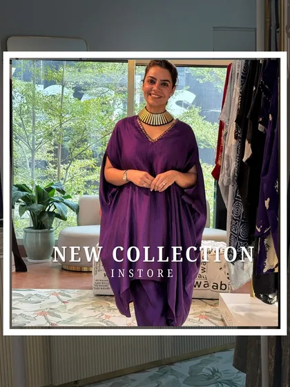Deepti is radiating effortless elegance in this handcrafted purple Wasabi ensemble from our new collection. It’s a beautiful example of our fluid and desirable pieces.