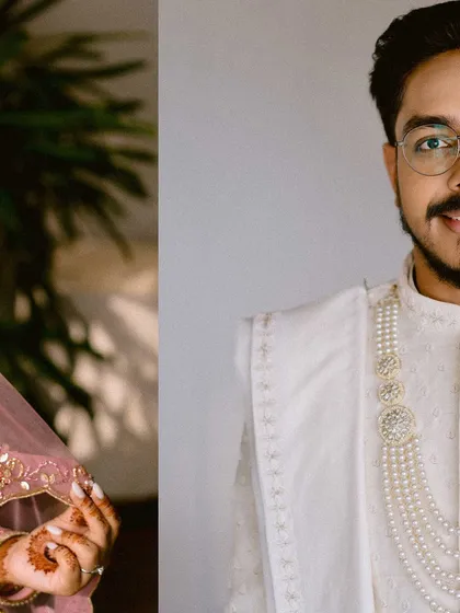 A creative split-screen portrait, showing the bride and groom separately but connected, a quiet moment amidst the whirlwind of their special day.