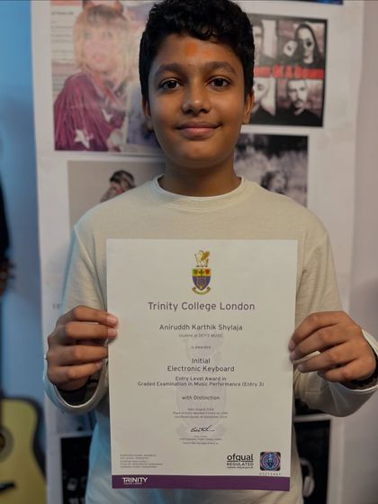 Congratulations to Aniruddh for scoring a distinction in his Trinity Initial Electronic Keyboard exam. His focus and practice have truly shone through.