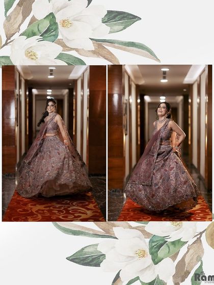 A diptych showcasing the bride's twirling lehenga in a hotel corridor. This captures the movement and beauty of her outfit on her special day.