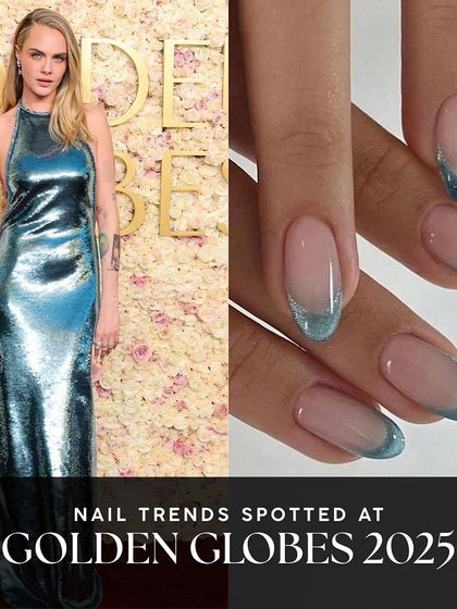 A subtle yet futuristic French manicure spotted at the Golden Globes. The sheer, shimmery blue tip adds a touch of modern elegance to a classic look.