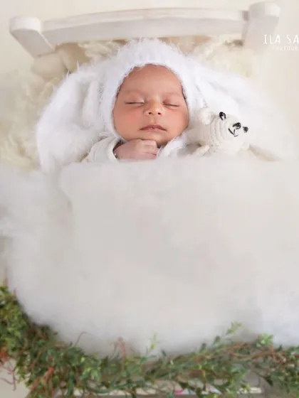 You can create such peaceful portraits with these props. This setup features one of my miniature wooden beds, a soft fluffy blanket, and a handmade fuzzy bunny bonnet, all of which are available.