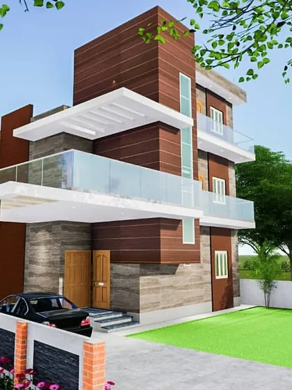 Another perspective of the Baraichha residence, highlighting the relationship between the building and its landscaped garden. The design uses clean lines and large openings to connect the indoors with the outdoors.