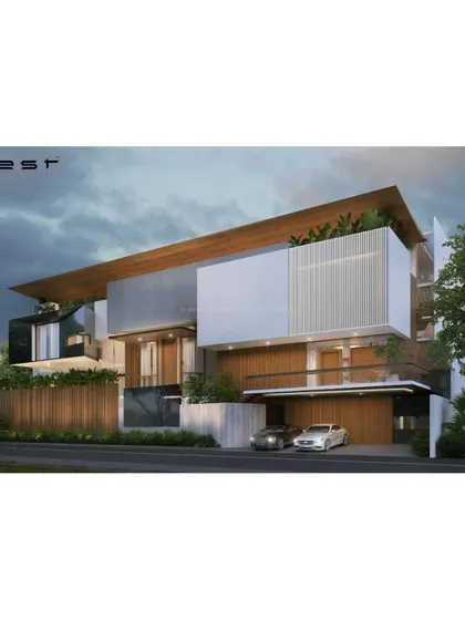 A concept render for the 'House of Reddys,' a high-end residence in Bangalore. The design features a complex interplay of volumes, materials, and textures, including marble, timber, and fluted panels.