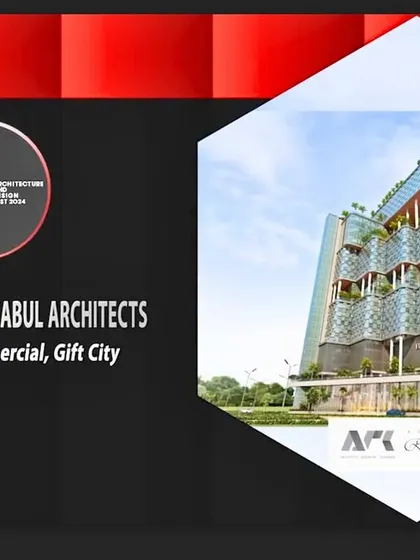 An award announcement for the Fintech Commercial project in Gift City. It was recognized for its excellence in office space design, reflecting my commitment to creating forward-thinking commercial architecture.