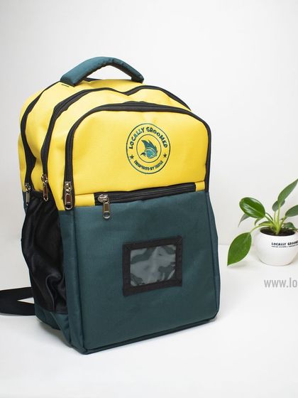 This colorful yellow and green backpack is a fun and vibrant option for a school, team, or casual corporate gift.