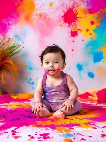 Celebrating the festival of colors! A Holi-themed photoshoot is a fun and vibrant way to capture your baby's playful side, using safe, non-toxic colored powders for a stunning effect.