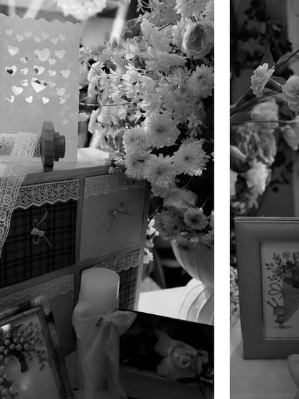 Another black and white collage capturing the intricate, handcrafted details of the event decor.
