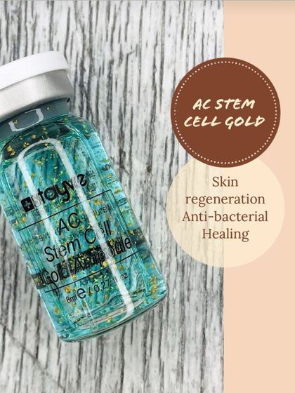 For clients with acne or irritated skin, I use the AC Stem Cell Gold Ampoule. Its anti-inflammatory and anti-bacterial properties help heal the skin, while acetylhexapeptide-8 increases elasticity.