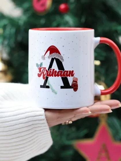 A festive monogrammed mug, perfect for a personalised Christmas gift.