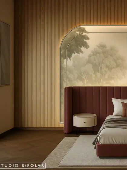 A closer view of the curved, backlit wallpaper panel and the fluted wood veneer that adds another layer of texture. The design is rich, layered, and full of personality.