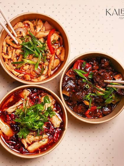 A trio of our classic wok-tossed dishes. This spread includes my Celery Ginger Chicken, Sliced Lamb in Black Pepper Sauce, and Steamed Sole Fish in Chili Oil.