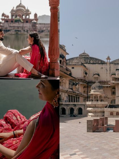 A collage showcasing a destination photoshoot in Rajasthan. From serene moments by the lake to the grandeur of the palace architecture, it’s a complete story of regal romance.