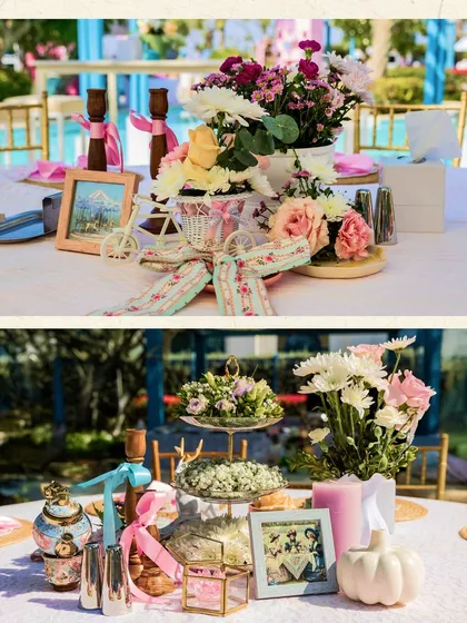 A collage of tablescapes from a Victorian-themed luncheon, showcasing the intricate details, from floral-print ribbons to tiered stands and vintage props.