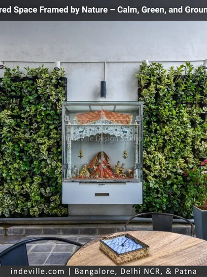 A sacred space can also be a green space. For this project, I framed a beautiful pooja mandir with a lush vertical garden, creating a serene and spiritually uplifting corner that feels truly alive.