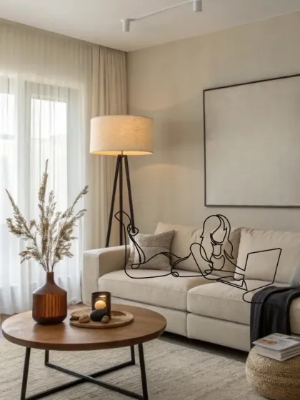 We design for your daily rituals. This living room is crafted to be the perfect spot for working from home or unwinding with a laptop, blending comfort with functionality.