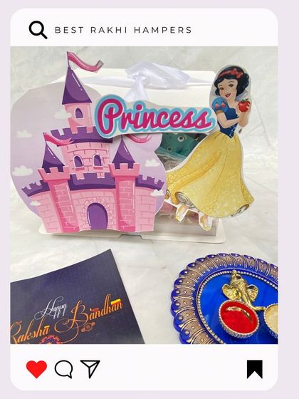 A fairytale Rakhi gift for a little sister. This hamper comes in a princess-themed carrier, sure to make her feel like royalty.