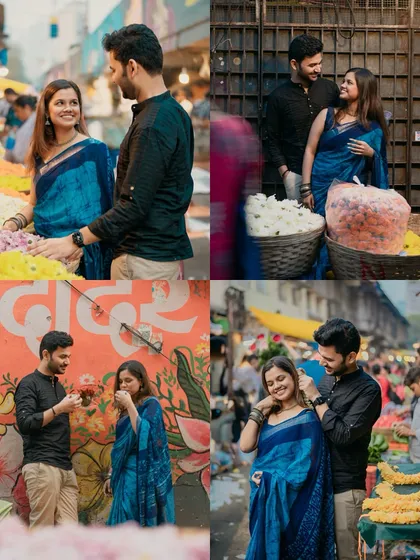 A collage showcasing various moments from the Dadar market shoot, from smelling flowers to sharing quiet glances.