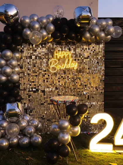 Another angle of the 24th birthday setup, highlighting the shimmer of the sequin wall.