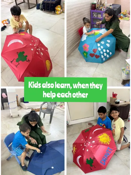 This collage shows the process and the results of our umbrella painting activity. You can see me helping the kids and also see them working together on their creations.