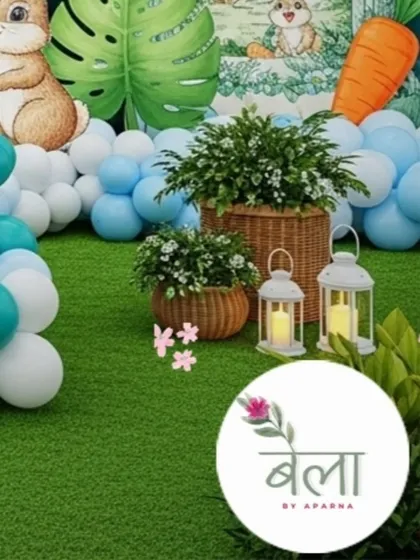 A detail shot from the Rabbit Land setup, showing the artificial grass floor, wicker planters, and glowing lanterns. These small details help build a rich and believable environment for the party.