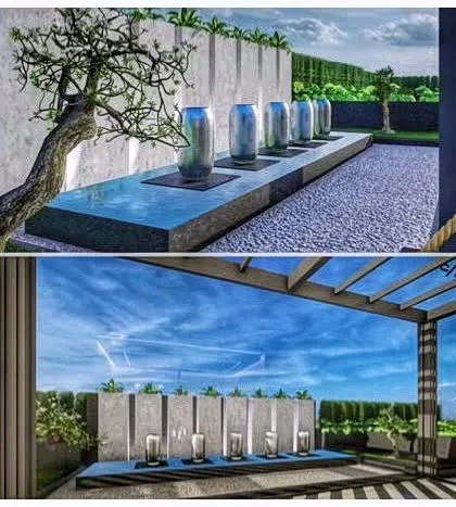 A visualization of a modern terrace design. The space is structured around a linear water feature and concrete privacy screens, creating a private urban garden.