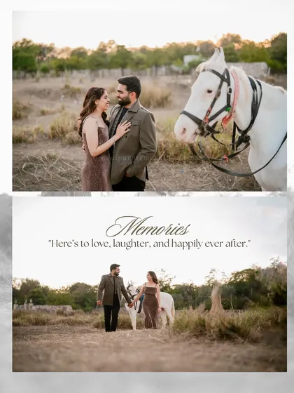 A fairytale-like pre-wedding shoot with a white horse in a grassy field at sunset. We can arrange for props like horses to add a magical element to your photos.