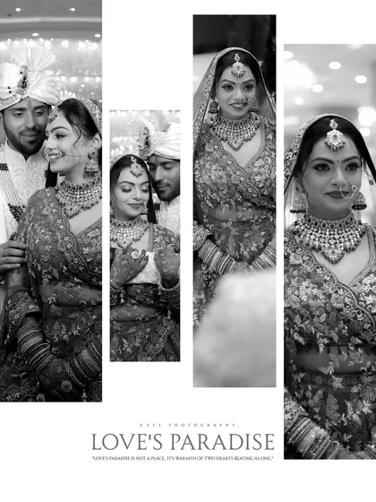 A classic black and white collage capturing key moments from a wedding day. It includes portraits of the bride and groom, showcasing the timeless elegance of the celebration.