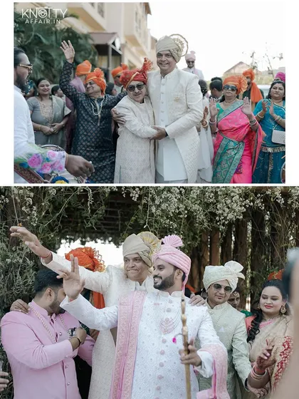 The joy of the baraat. These images capture the groom's celebratory entrance with his family, filled with dancing and happy faces, setting a festive tone for the wedding day.
