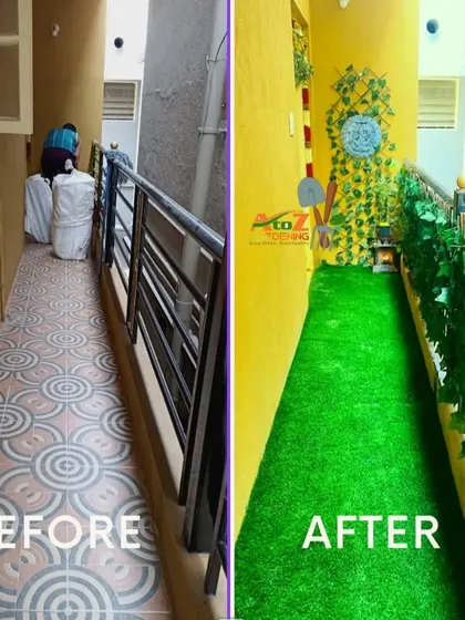 Even a narrow entrance corridor can become a welcoming green space. Here, I replaced dated tile with bright artificial turf and added artificial vines to the railing, creating an inviting and maintenance-free entryway.