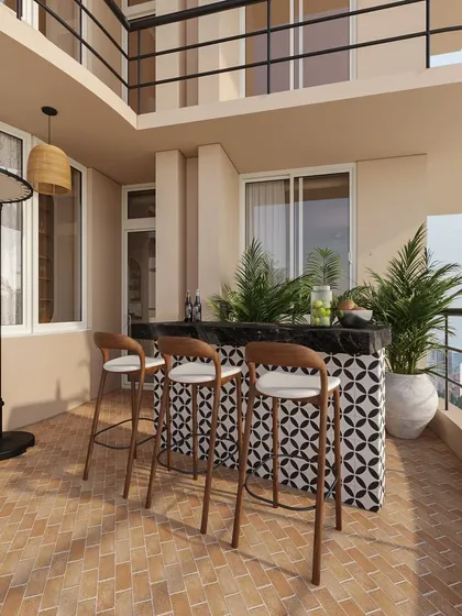 Balconies are an opportunity to create an outdoor escape. This penthouse balcony was designed for entertaining, featuring a stylish bar with patterned tiles, comfortable seating, and lush greenery to create a private oasis with a view.