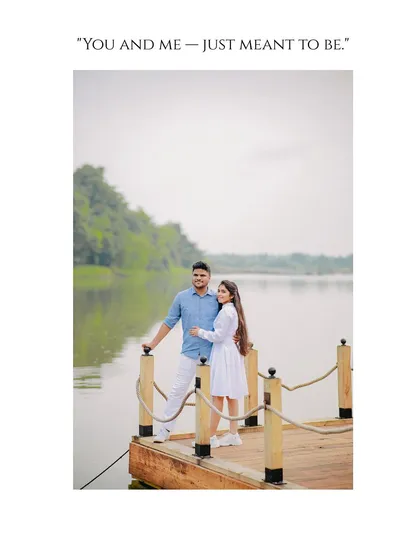 "You and me, just meant to be." A beautiful portrait of the newly engaged couple on the pier, looking out at the water and their future together.