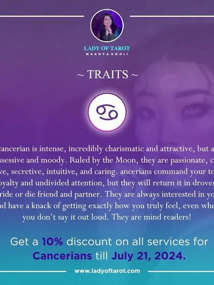 This graphic explains the traits of a Cancerian. Ruled by the Moon, they are passionate, creative, intuitive, and caring. They are intense and charismatic, commanding loyalty and returning it in droves.