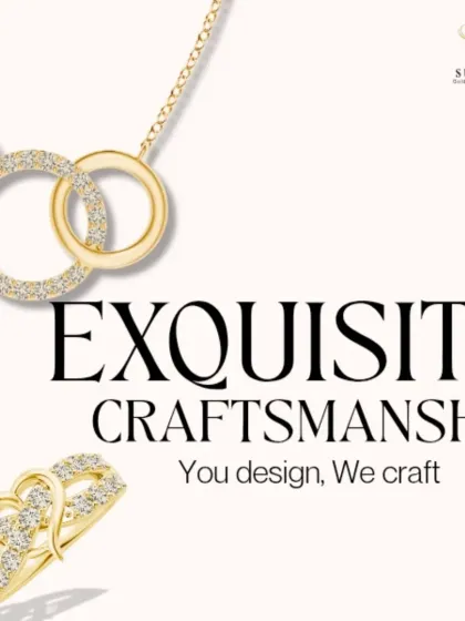 You design, we craft. This graphic highlights my custom design service with examples of a diamond interlocking circle necklace and a heart-shaped ring. It represents my core promise of bringing your unique jewellery ideas to life.