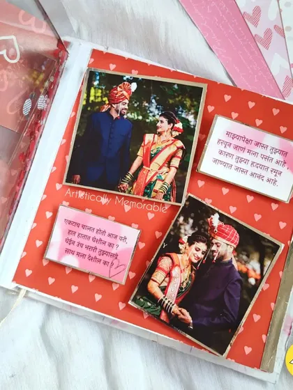 A page from a scrapbook for a Maharashtrian couple, with notes in Marathi to make it extra personal.