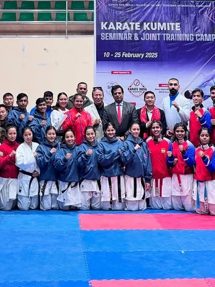 The combined group of Indian and Nepalese athletes at the intensive Kumite training camp. This free camp was led by a world champion instructor from Iran.