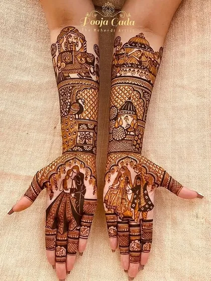 A heavy bridal design for a bride from Pune, featuring a baraat scene, family portraits, and a romantic couple figure.