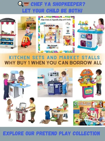 Will they be a chef or a shopkeeper today? With my collection of kitchen sets and market stalls, your child's imagination is the only limit. Renting means you can swap sets to keep pretend play fresh and exciting.