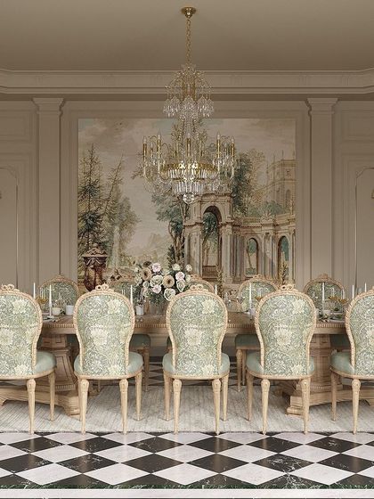 This dining experience is defined by fine textiles and intricate decor. The chairs are upholstered in a delicate patterned fabric, set against a stunning wall mural of a classical landscape, all under a brilliant crystal chandelier.