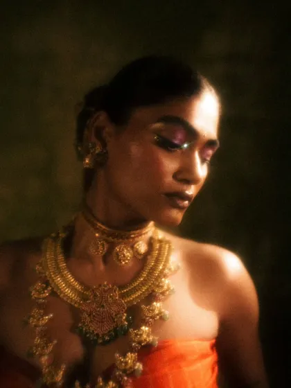 A close-up on the eye makeup for 'Swaṟṇavalli'. I used a shimmery, metallic magenta shadow to create a look that was both traditional and modern.