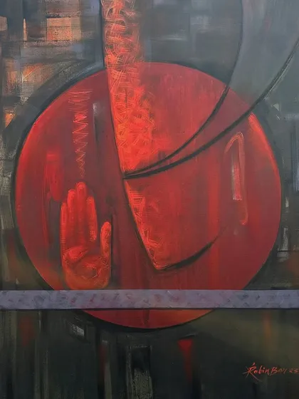 'THE GAZE - I', a 30x40 inch acrylic on canvas painting featuring a bold, abstract red circle with a hand raised in a gesture of blessing.