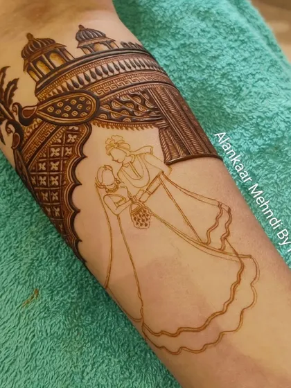 The initial outline for a romantic couple portrait on the forearm.