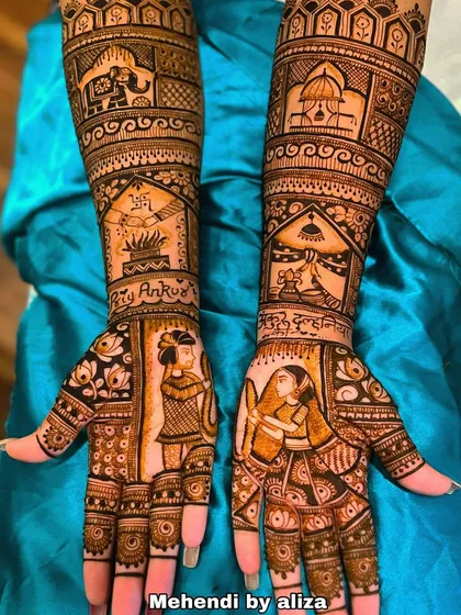 A beautiful bridal design with portraits of the bride and groom, along with their names and other auspicious symbols.
