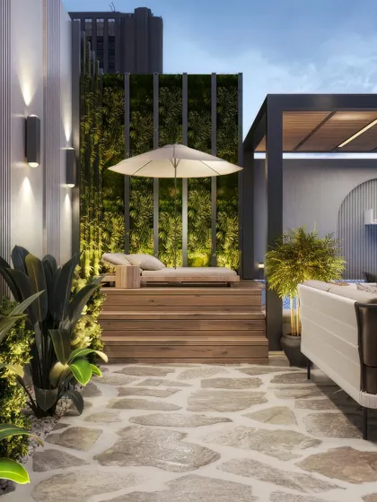Visualizations of a rooftop terrace pool and lounge area. We've captured the inviting blue of the pool, the texture of the stone patio, and the ambient lighting that makes it a perfect evening retreat.
