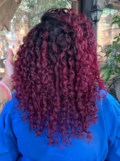The back of the 'Pomegranate Sangria' curls. The mix of red and pink tones is so vibrant and fun.