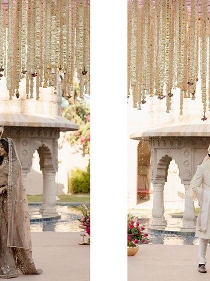A collage capturing the key moments of a minimalist wedding at Fairmont Jaipur, where a live sitar player added a soulful aura to the ceremony against the backdrop of Saheliyon Ki Badi.